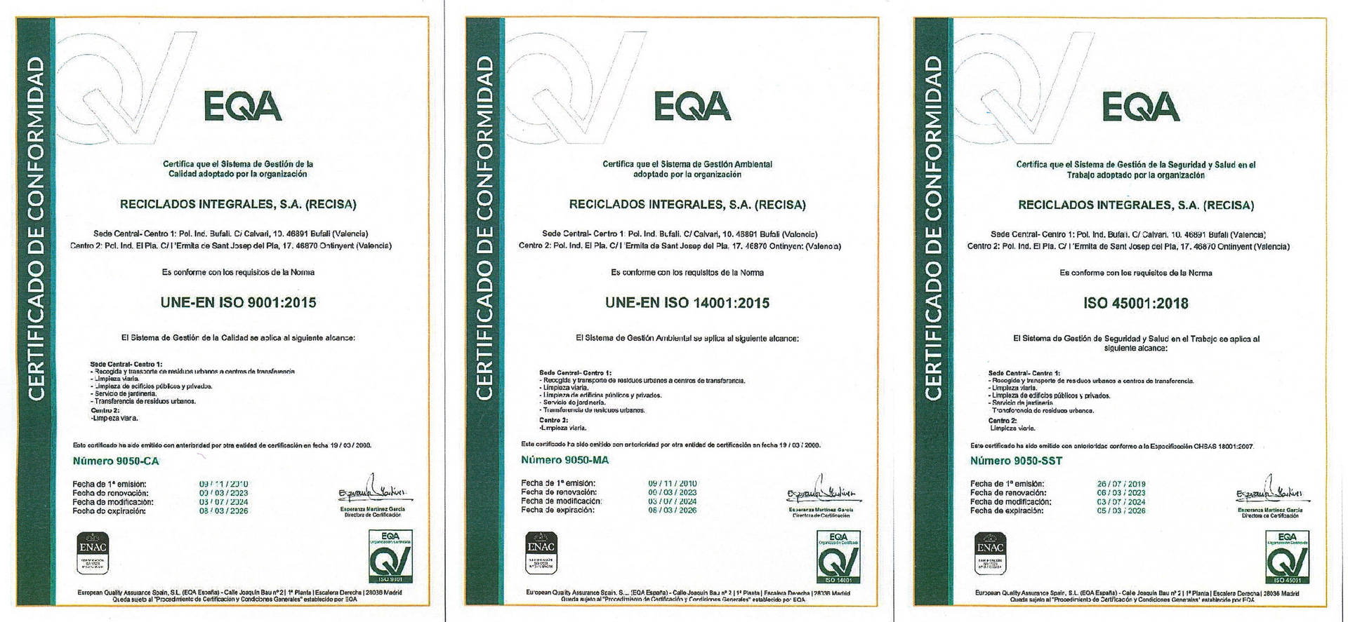 RECISA continúa en el año 2024 manteniendo y renovando sus certificaciones UNE-EN ISO 9.001:2015, UN