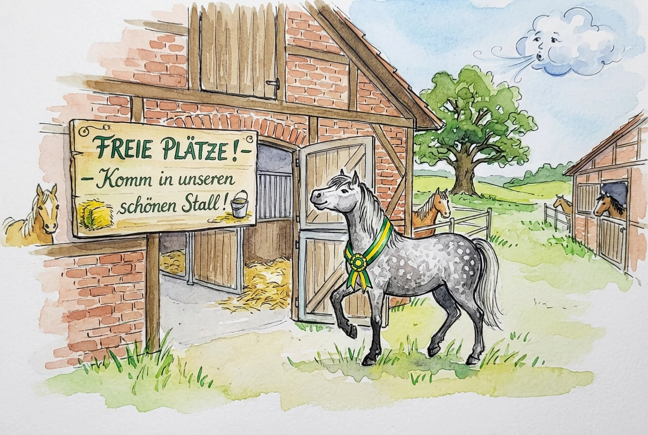 Pferd mit Scherpe läuft munter in einen Stall mit Willkommensschild.