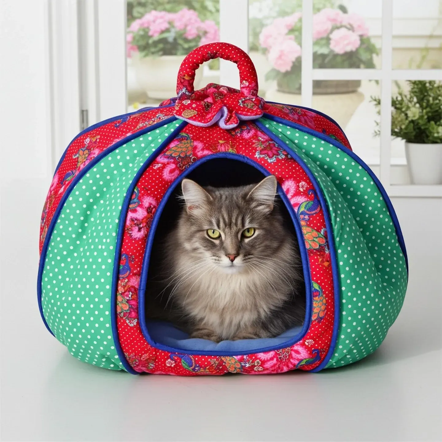 handgefertigte Kuschelhöhle für Katzen und kleine Hunde rot grün