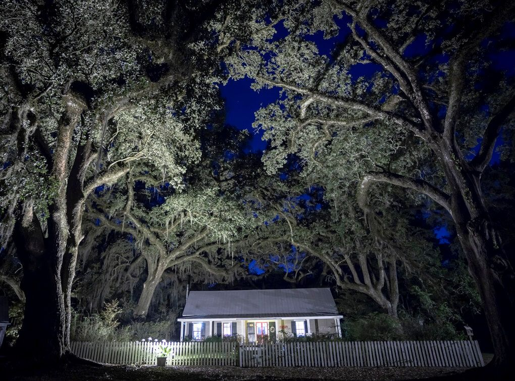 Our Main House underneath the Ancient Live Oaks