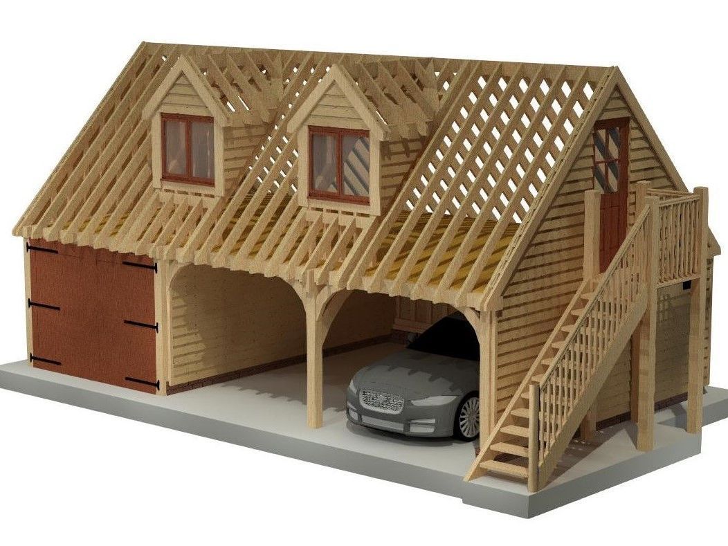 3 Bay Oak Framed Garage with External Staircase, Upper Floor, Dormer Windows, and Garage Doors
