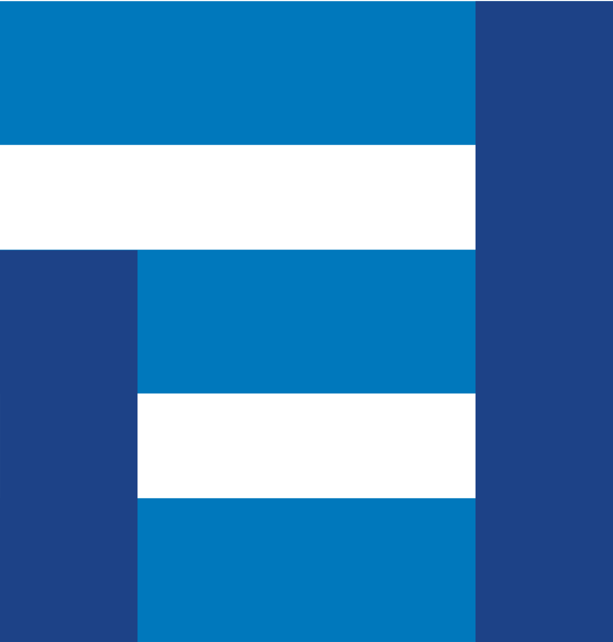 Logo de la Televisión del Principado de Asturias. Es una A minúscula muy cuadrada y hecha con secciones horizontales en azul claro y con secciones verticales en azul oscuro.