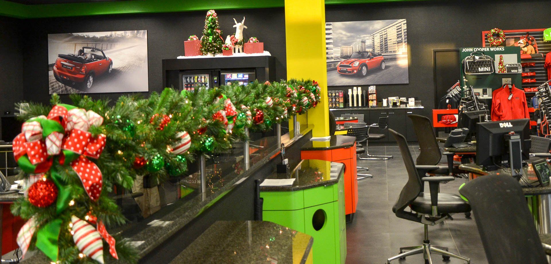 Car showroom decorated for christmas