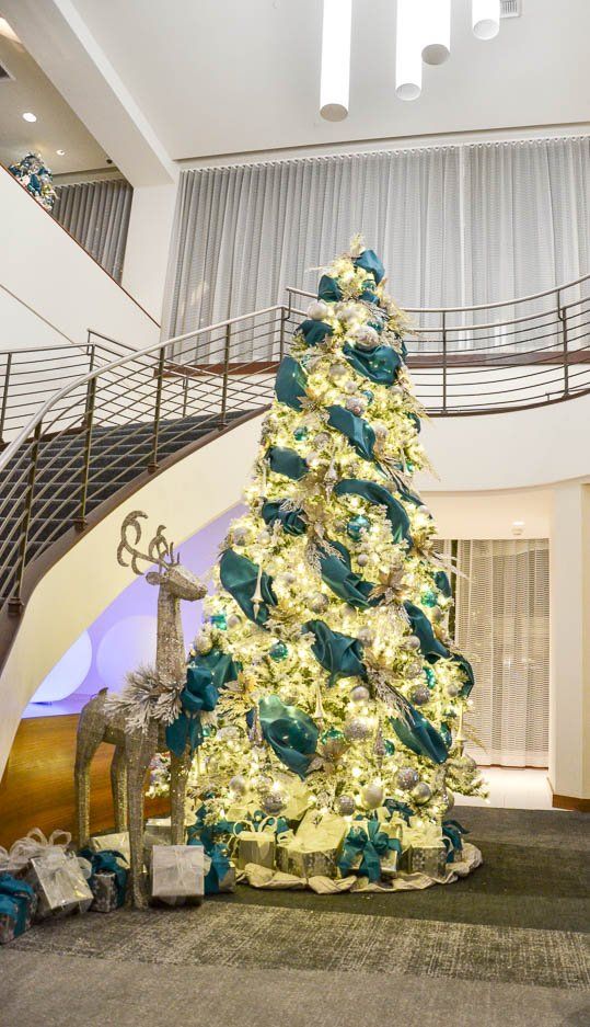 blue and silver theme decorated christmas tree rental