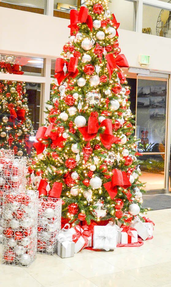 red and silver  theme decorated christmas tree rental