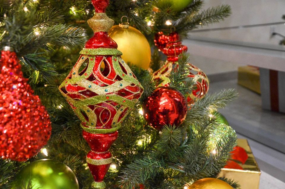 red gold and lime green christmas tree ornament