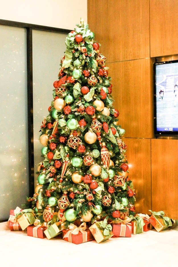 red gold and lime green  theme decorated christmas tree rental