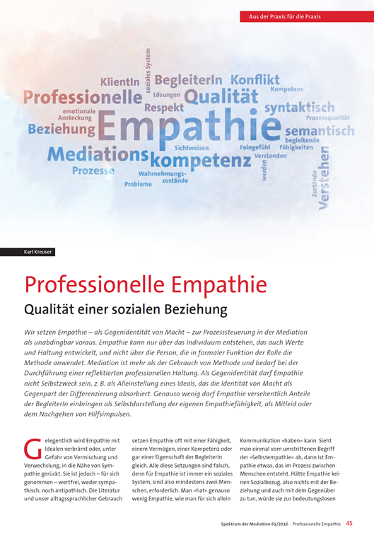 Professionelle Empathie In: Spektrum der Mediation, Ausgabe 61 Karl Kreuser, Jan 2016