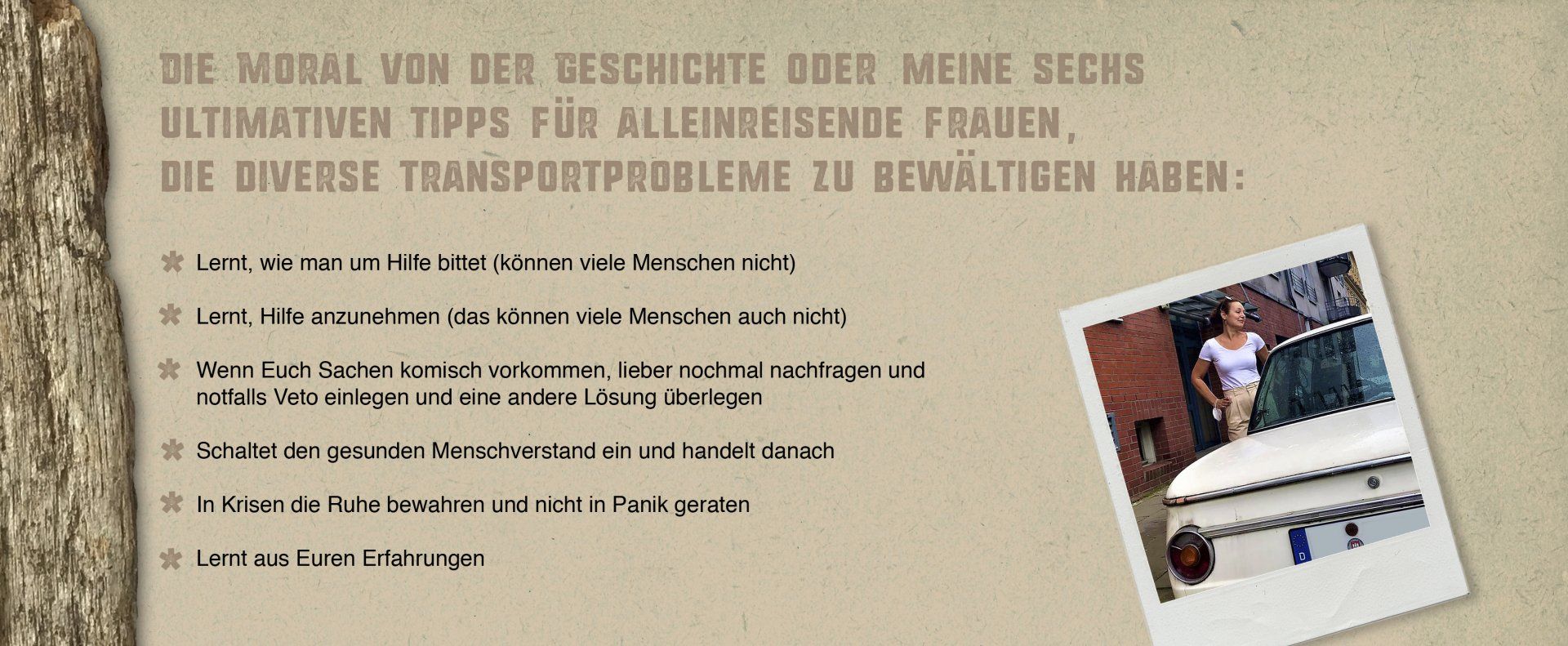 Kasten mit sechs Tipps für alleinreisende Frauen zur Bewältigung von Transportproblemen.