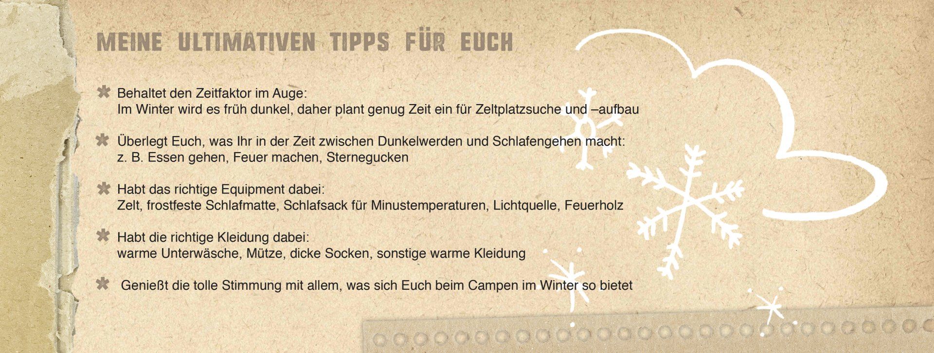 Hier sieht man den Kasten mit den Tipps und Kurzinfos zum Campen im Winter.