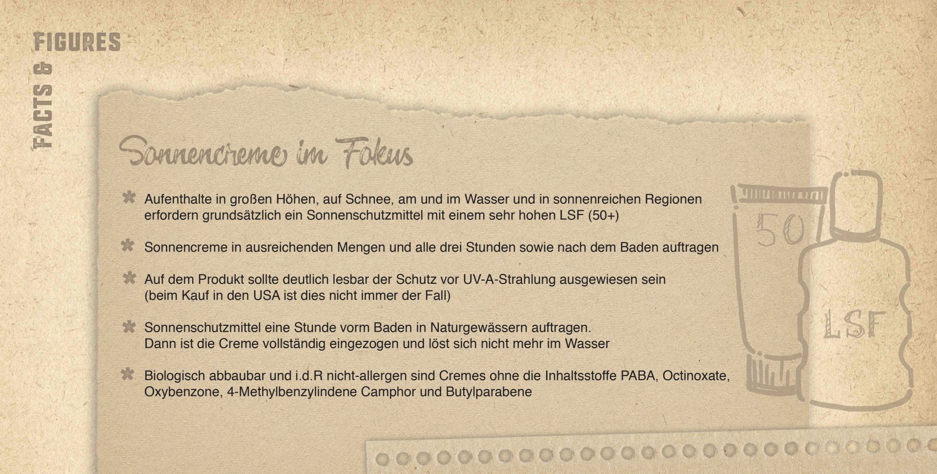 Abbildung einer Grafik eines Kastens mit wichtigen Punkten bei der Benutzung von Sonnencreme