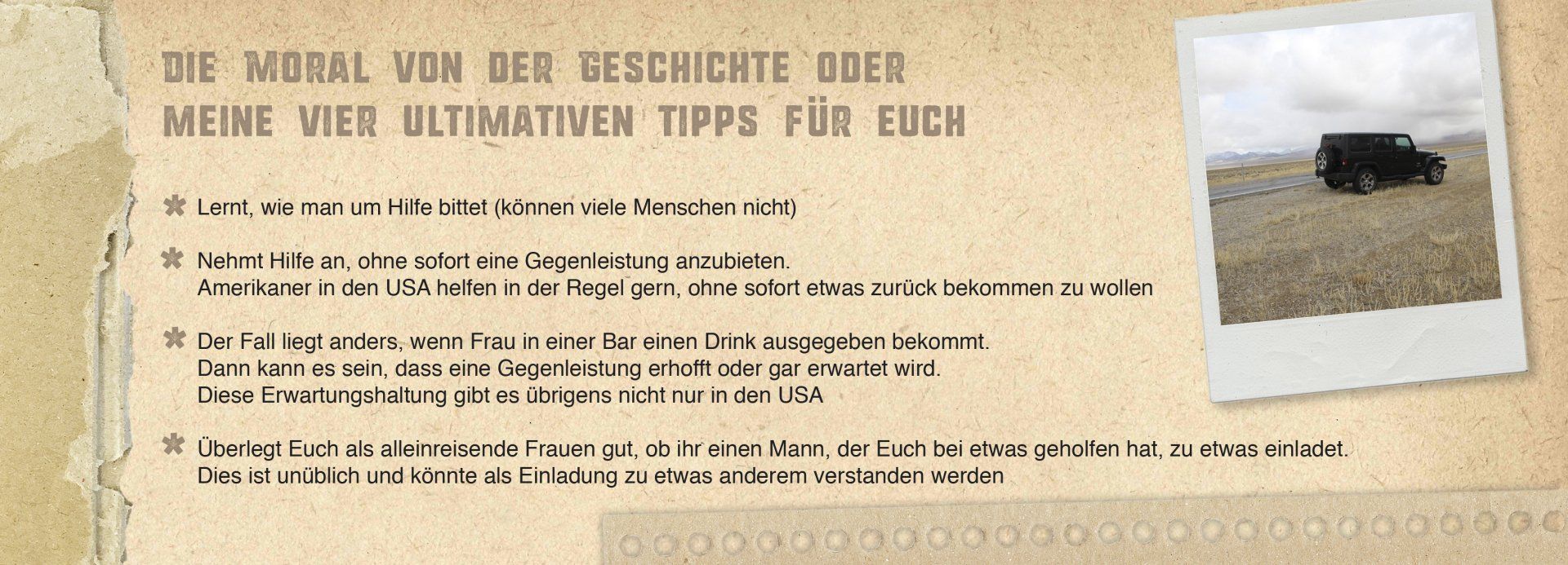 Blick auf die Grafik eines Kastens mit Tipps für alleinreisende Frauen