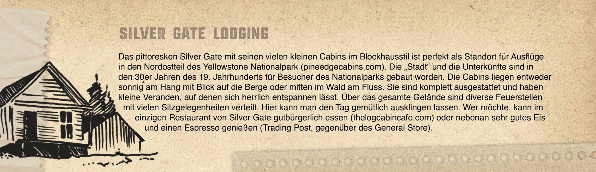 Blick auf eine Grafik mit einem Info-Kasten zu den Pine Edge Cabins in Silver Gate
