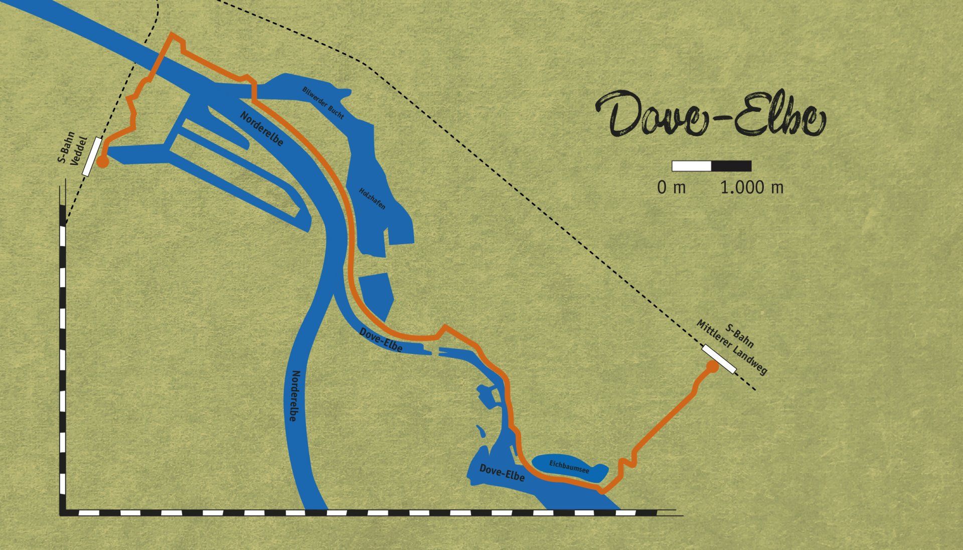 Grafik der Wanderroute entlang der Dove Elbe, von der S-Bahn-Station Mittlerer Landweg bis zur S-Bahn-Station Veddel