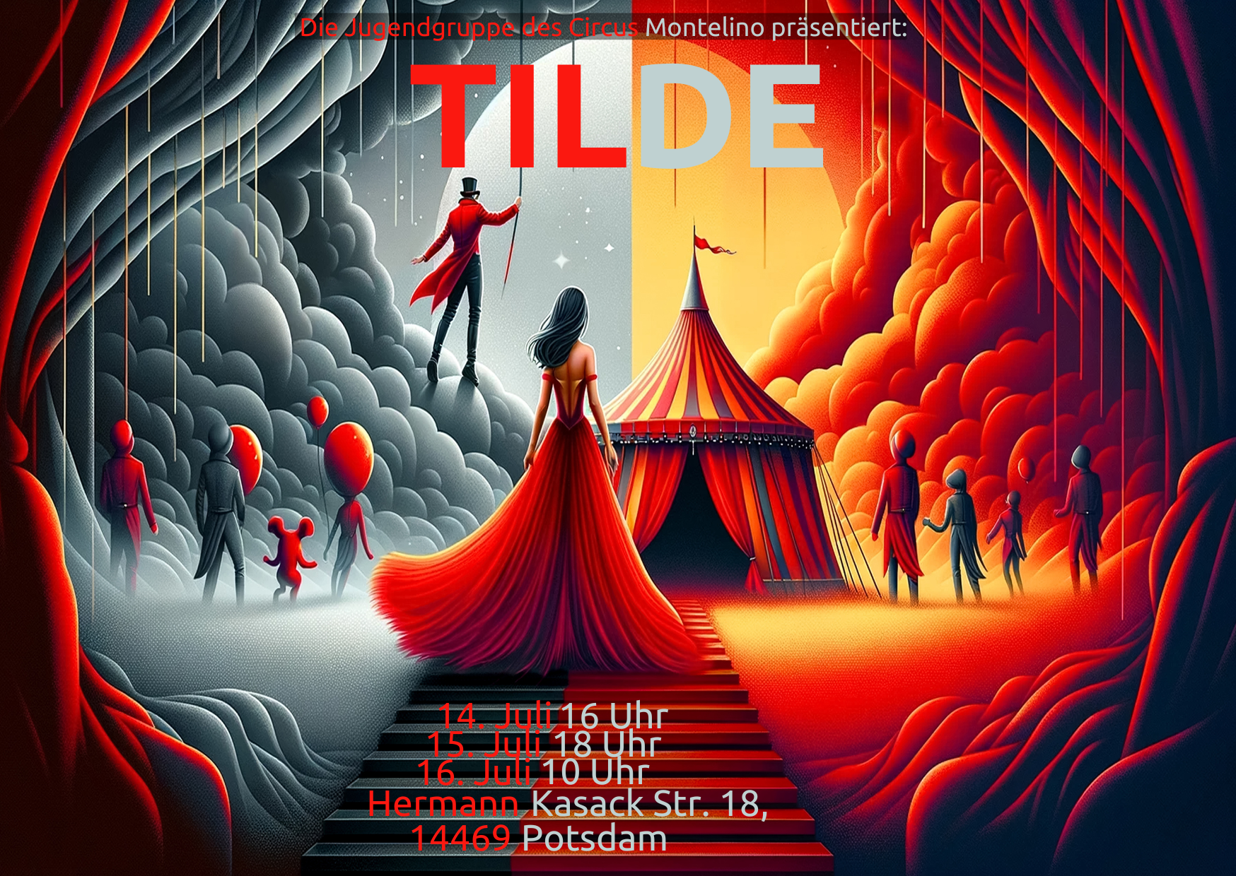 Zeichnung: Auf dem Bild ist eine weibliche Person in einem schönen Kleid von inten zu sehen, sie ist auf dem Weg, so scheint es zu einem Zirkuszelt. Das Bild ist unterschrieben mit "Tilde" - dem Titel der Zirkuspräsentation.