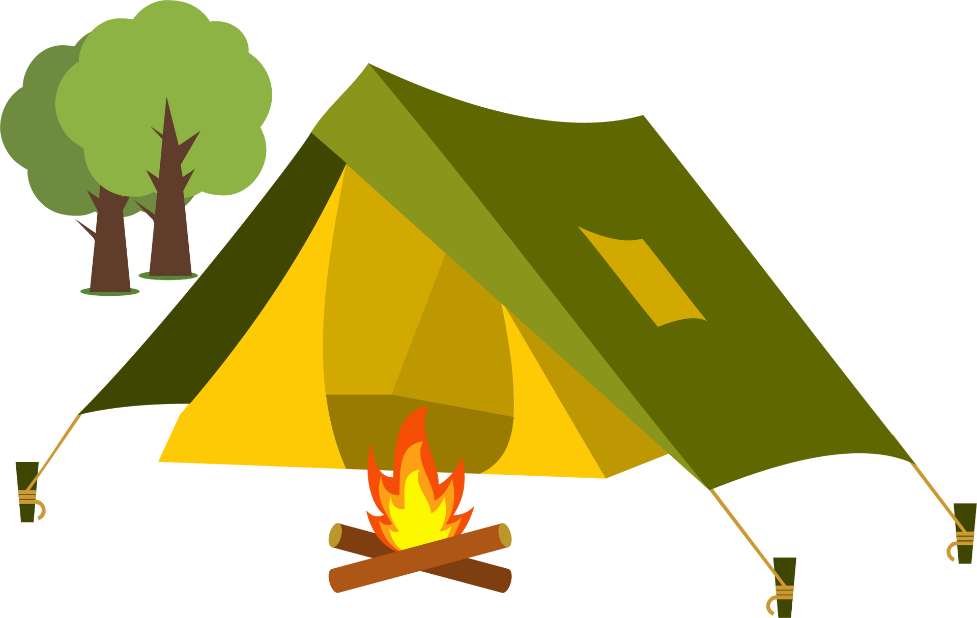 Clip-Art: Zelt, Baum, Lagerfeuer.
