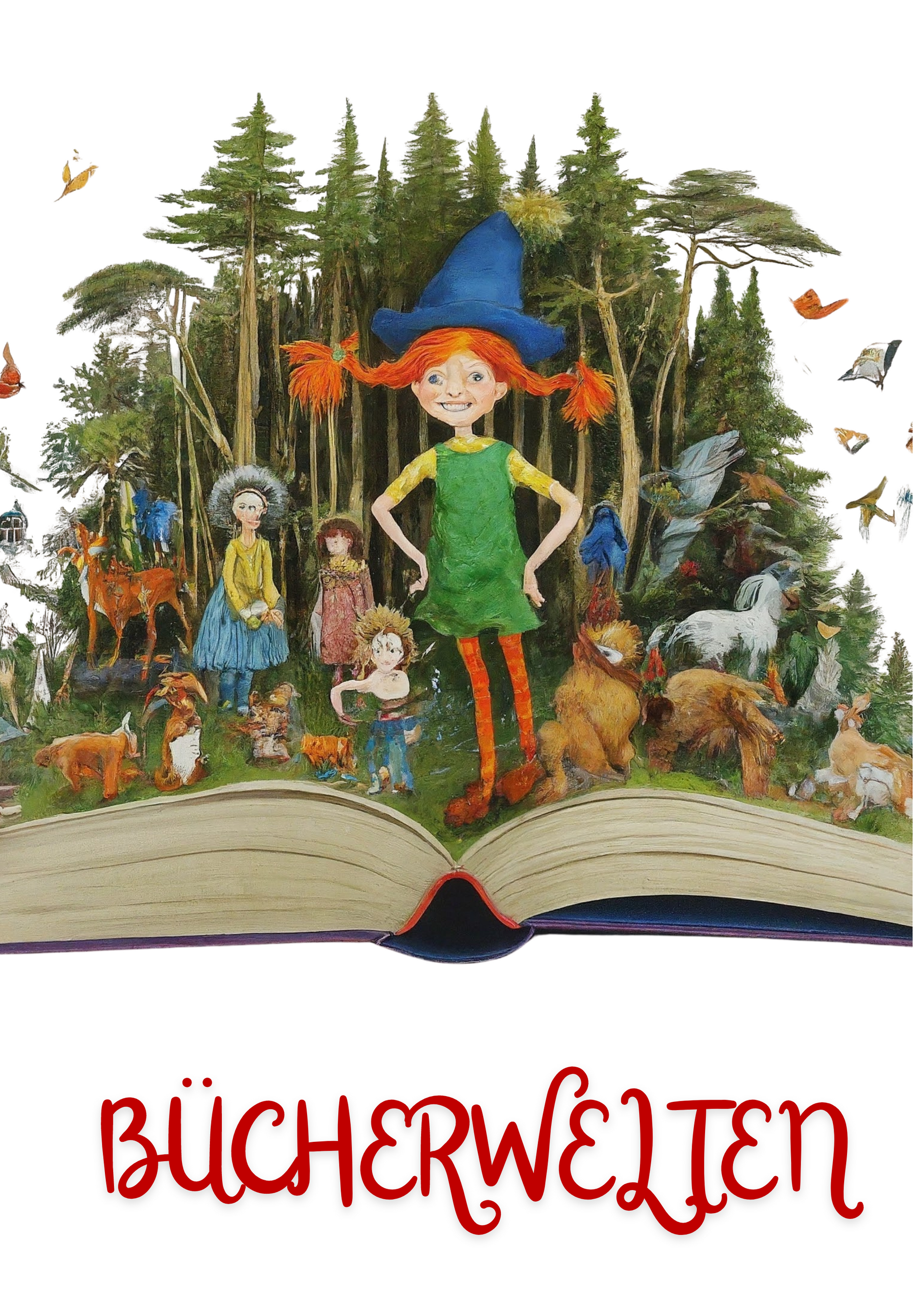Viele bekannte Charaktere aus Kinderbüchern sind auf einem Buch stehend, abgebildet. Das Bild ist unterschrieben mit "Bücherwelten" - dem Titel der Zirkuspräsentation.