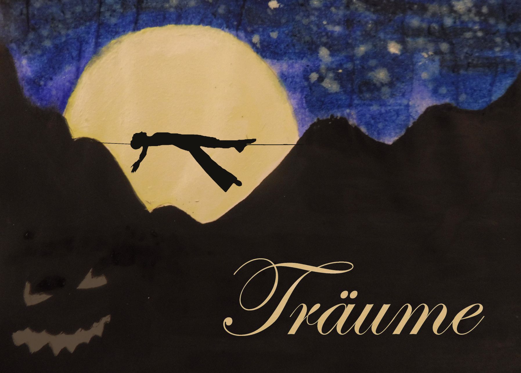 eine Person liegt auf einem Seil vor einem Nachthimmel. Zu sehen ist nur die Silhoutte. Das Bild ist unterschrieben mit "Träume" - dem Titel der Zirkuspräsentation.