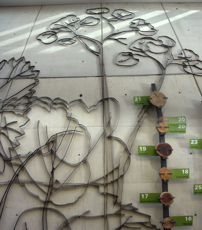 Escultura metálica comparativa del tamaño de la vegetación amazónica a tamaño real para el Hall del museo CosmoCaixa