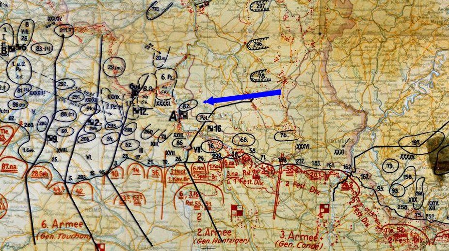 Lage West am 2. Juni 1940: Die Division liegt nördlich Charleville an der Maas