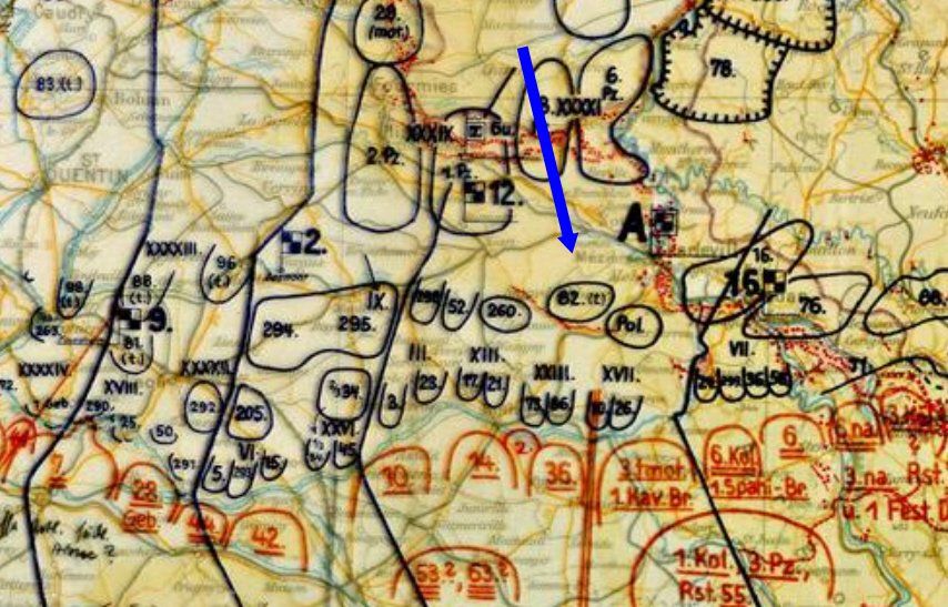 Lage West am 5. Juni 1940: Die Division liegt nun südlich Charleville
