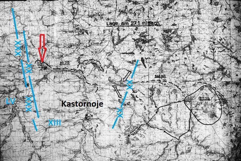 Die Lage beim XIII. AK am 27. Januar 1942 mittags. Ich hab leider keinen Maßstab zur Karte, ich gehe mal von 1:50.000 aus. Die Div ist gut 20-30 km zurückgedrückt und zwischen der 82. ID und der 340. ID eine Lücke von gut 20 km, die 377. ID marschiert bereits nach Westen auf Kastornoje zu.  (Korps Lagekarte)