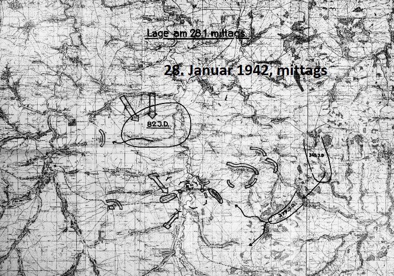 Die Lage am 28. Januar 1942 mittags: keine Zusammenhängende Front mehr zu erkennen. Die Reste 82. ID schlagen sich nach Westen durch, Panzerangriffe westl. Kastornoje, die Reste 340. und 377. ID schieben sich kämpfend nach Kastornoje (Korps Lagekarte)