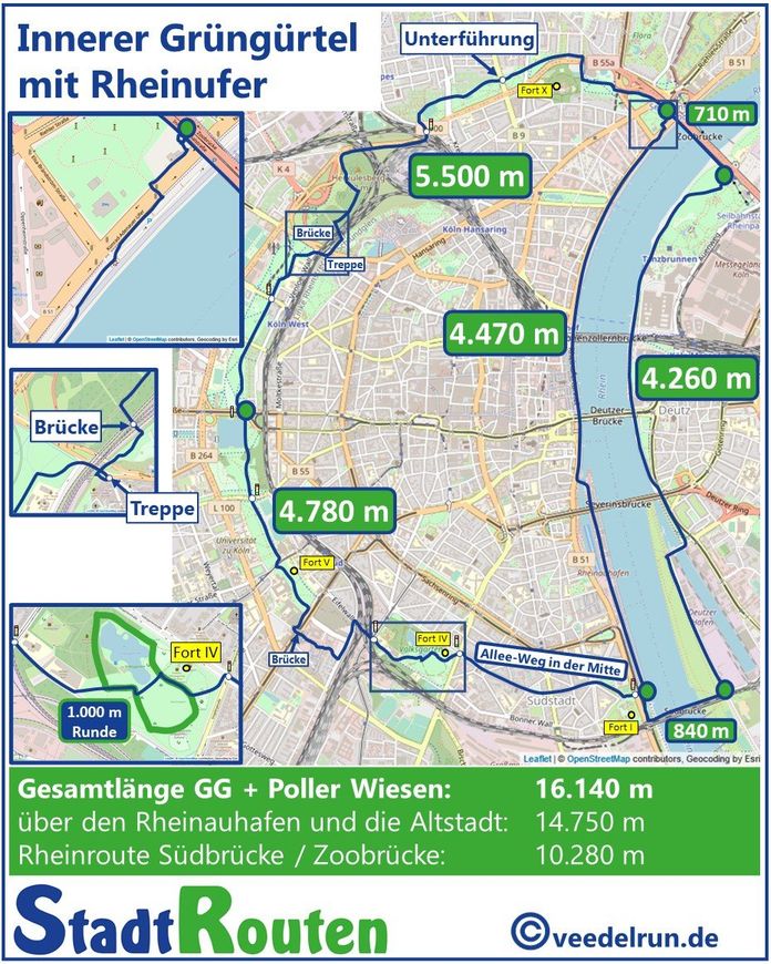 Laufen in Köln Laufstrecke innerer Grüngürtel und Rheinufer