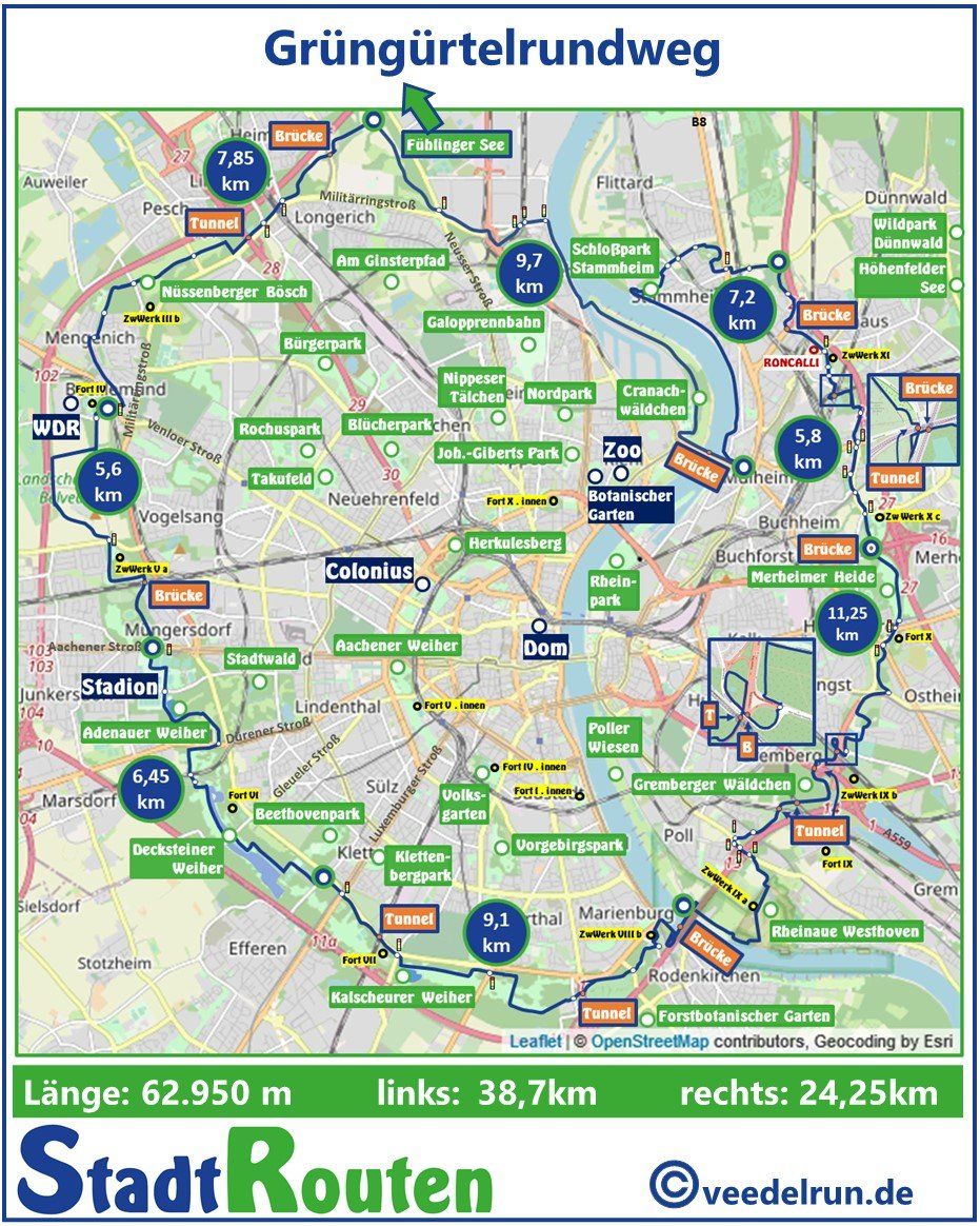 63km Grüngürtelrundweg G1 in Köln Grüngürtelrundweg Laufen in Köln