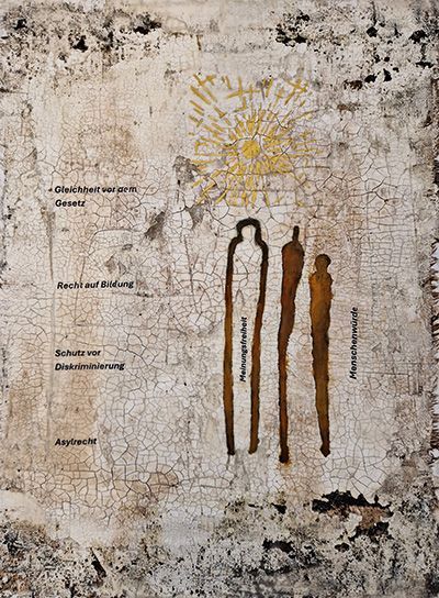 Foto: Marga Marie Luise Hermann Hüter der Rechte, 3D, Kaffeesatz, Sumpfkalk, Rost, Wachs auf Jute auf Holz Malgrund, 80 x 60 cm