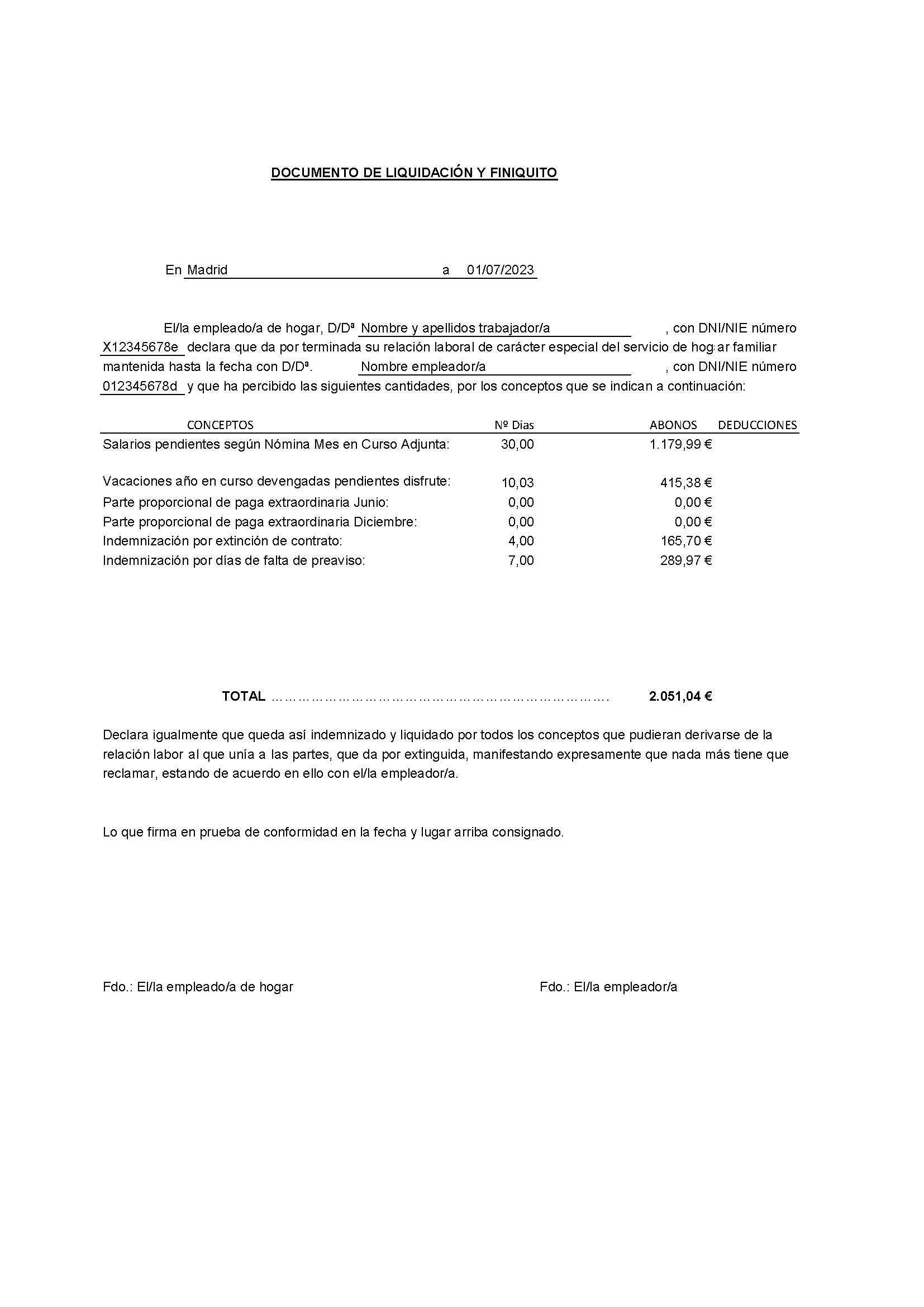 Finiquito por rescisión contrato empleada de hogar Finiquito por fin de contrato