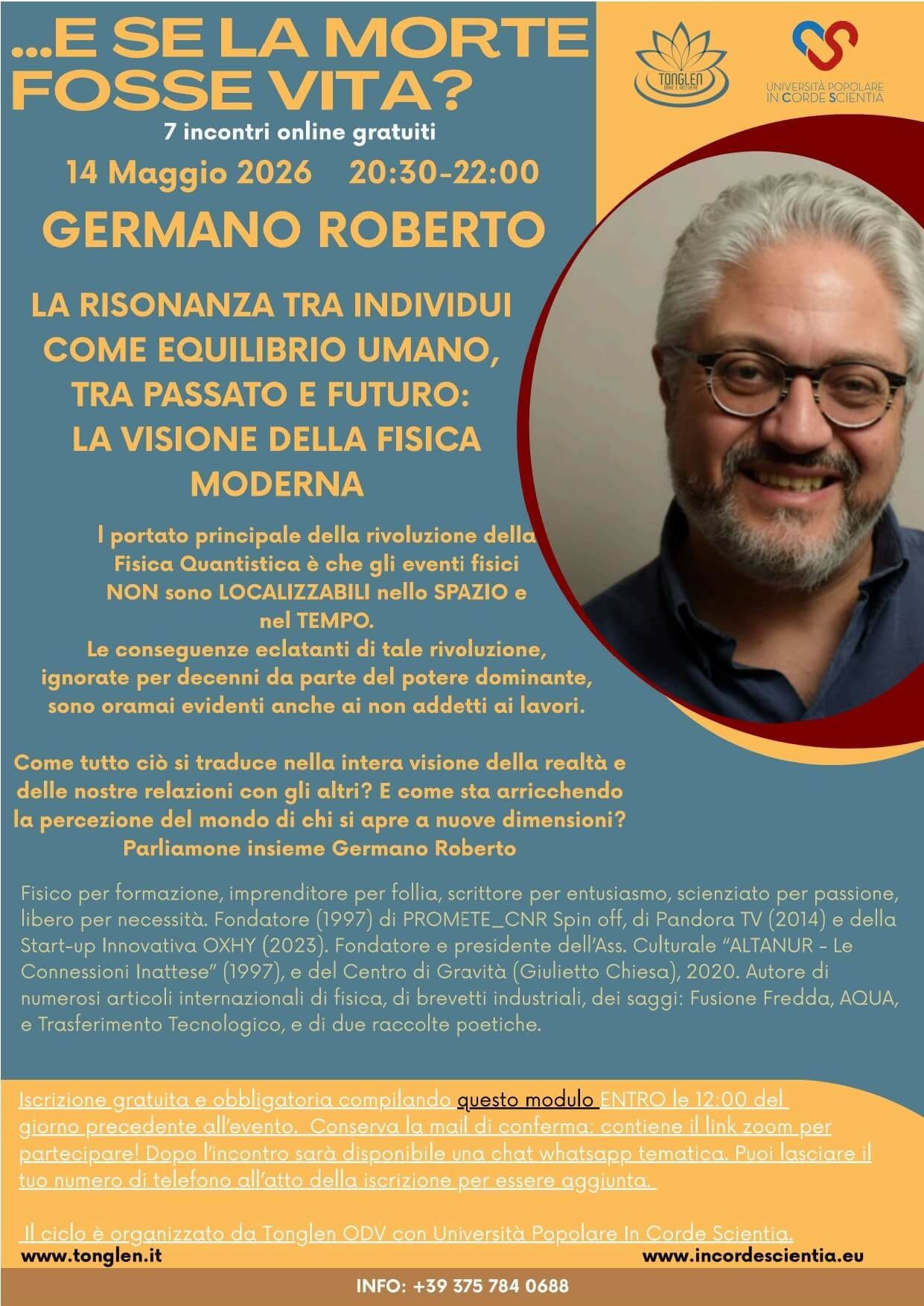 Locandina dell'incontro online del 14 maggio 2026 con Roberto Germano. Nella locandina la foto di Roberto Germano con la descrizione dell'evento e un breve curriculum del relatore