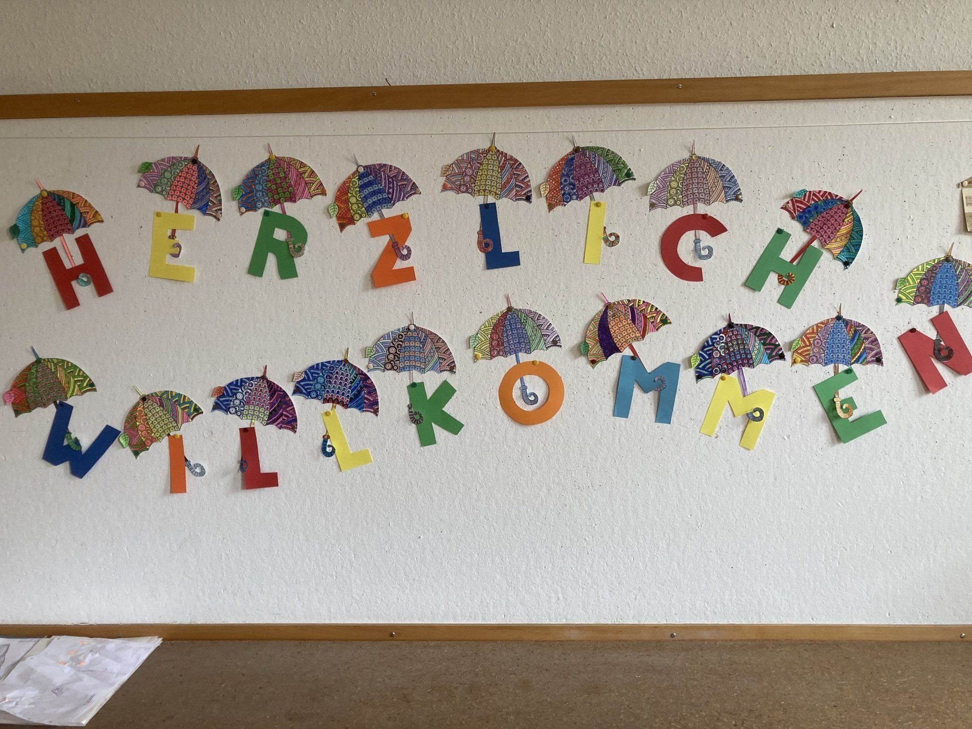 Gebastelte Buchstaben ein einer Wand zeigen Herzlich Willkommen
