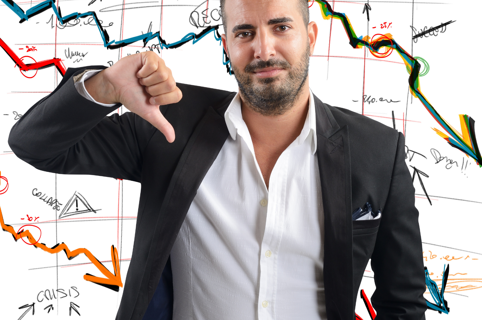 business man with a thumbs down and business calculations suggesting debt