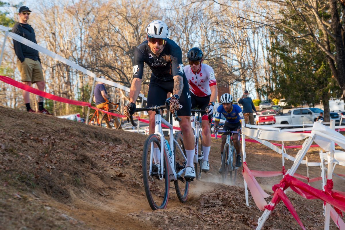 Three male cyclists ride off road on a narrow dirt hillside. All photos by Jamie Arkfeld Photography. Used by permission.