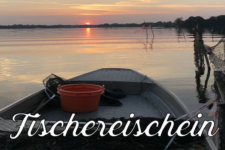 Ein Boot mit Eimer und Kescher liegt auf einem ruhigen See bei Sonnenuntergang. Auf dem Bild steht das Wort „Fischereischein“