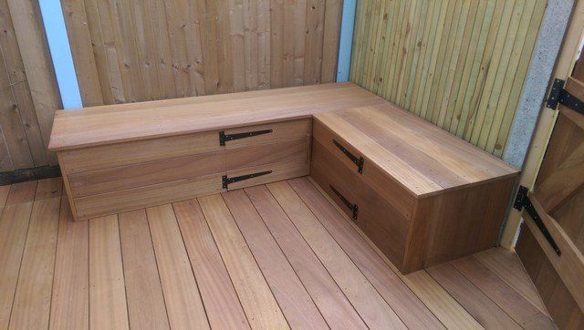 London garden Builders design Hardwood corner bench with storage