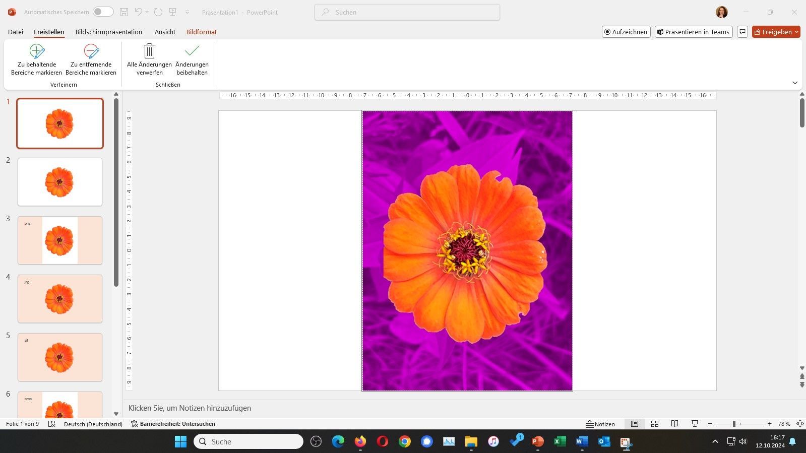 Orangefarbene Blume mit markiertem Hintergrund Es wurde eine orangefarbene Blume mit grünem Blatthintergrund als Motiv gewählt. PowerPoint markiert den Hintergrund, den es ausschneiden bzw. löschen will in Magenta.