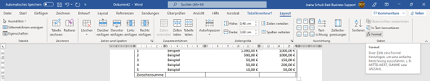 Word-Menü Word-Menü Tabellenentwurf und Formel