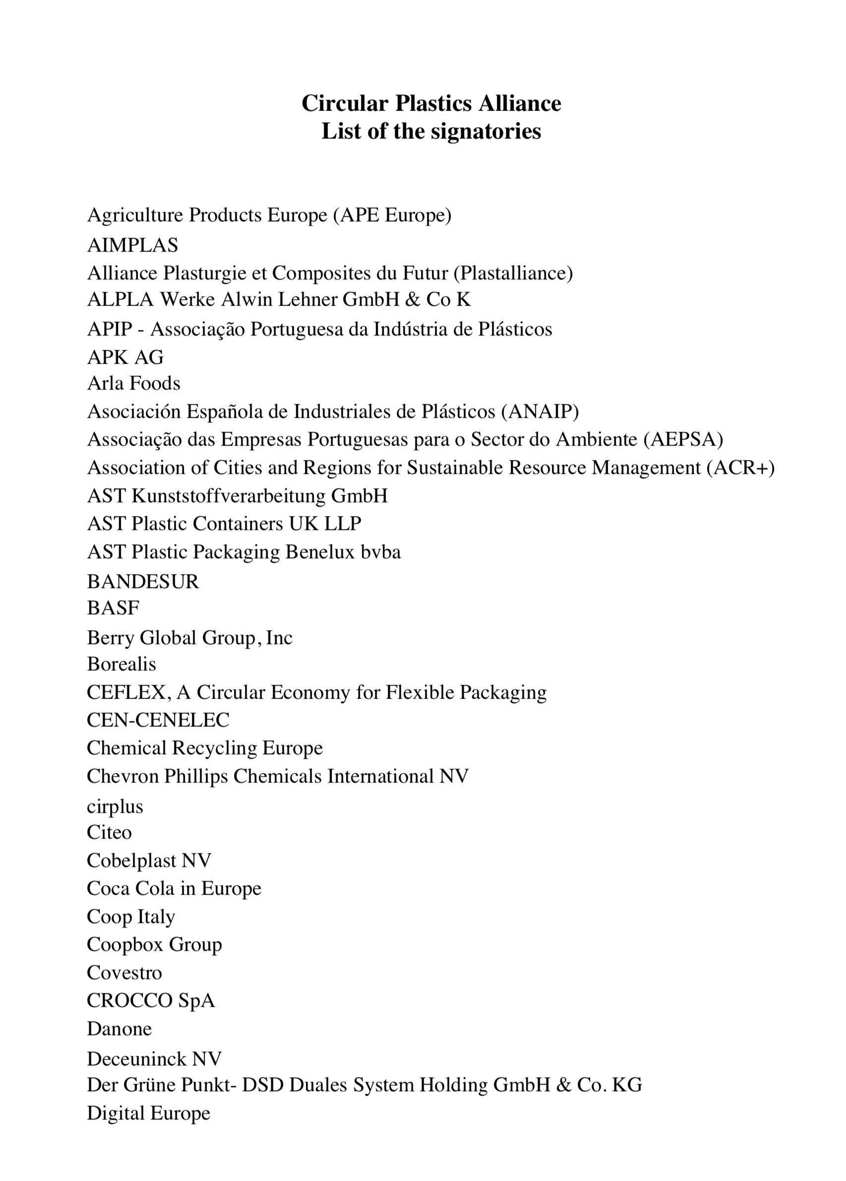 liste des membres de la circular plastics alliance