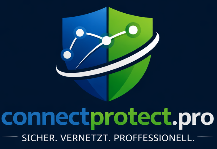 Ein Logo in Grün und Blau mit einem Kreis um ein Sicherheitsschild herum für die Software connectprotect.pro