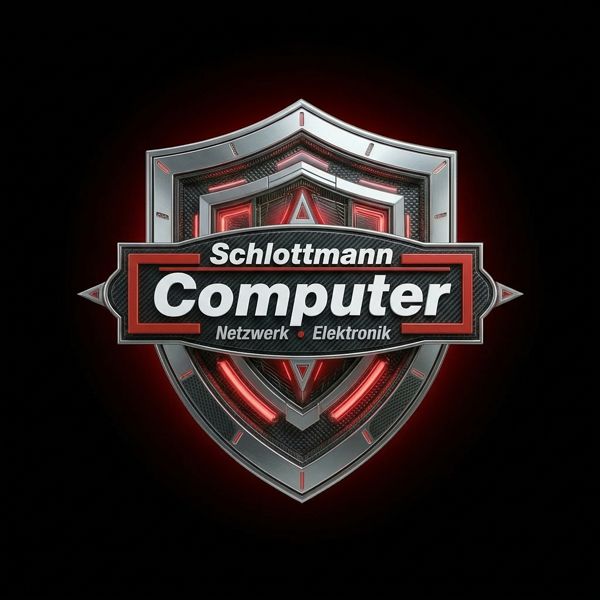 Das Schlottmann Computer Schild in den Farben schwarz und rot welches auf Sicherheit hinweist.
