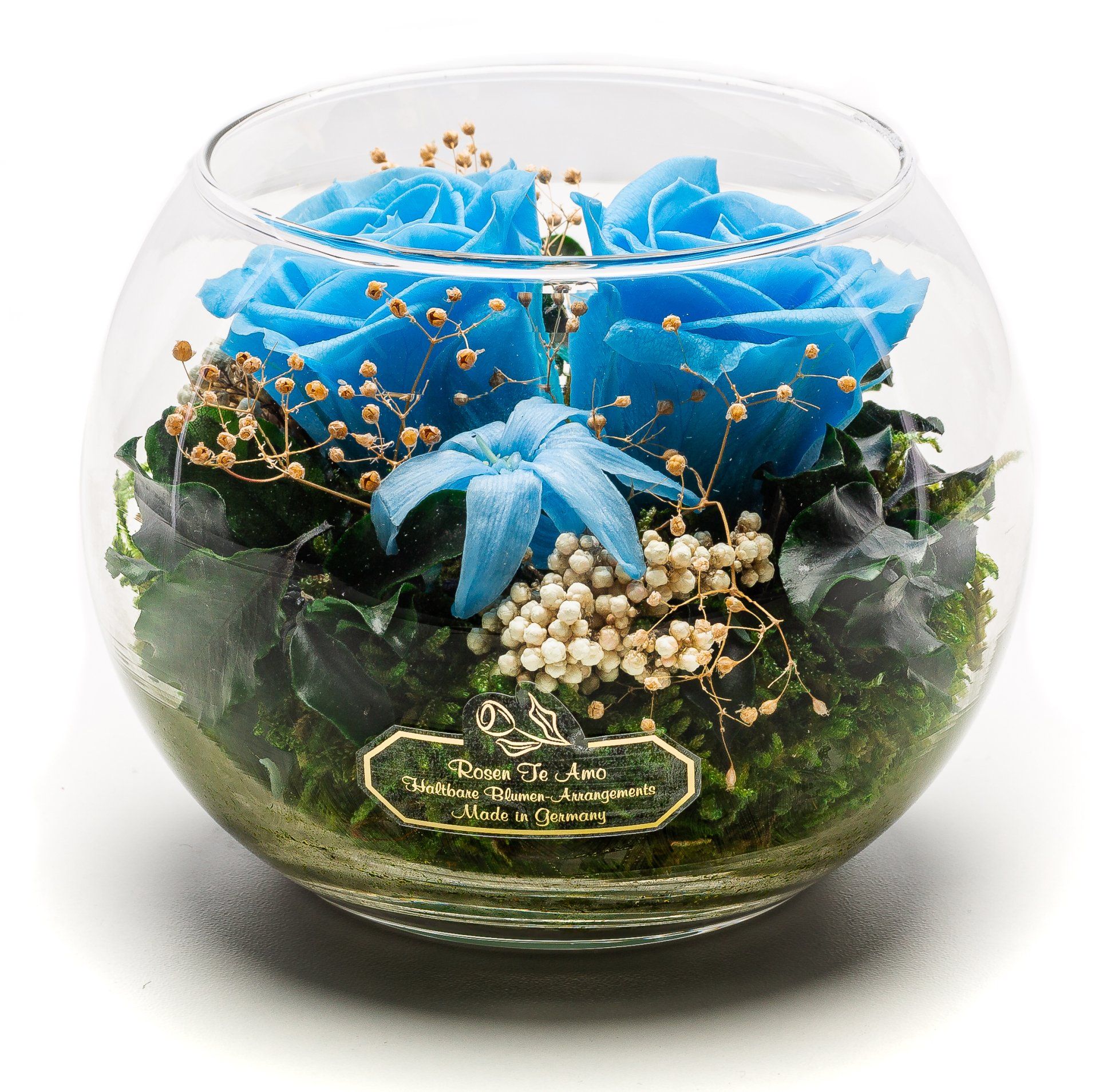 echte Blau-Rosen-im-Glas pflanze-Mooß- echte-Blumengestecke