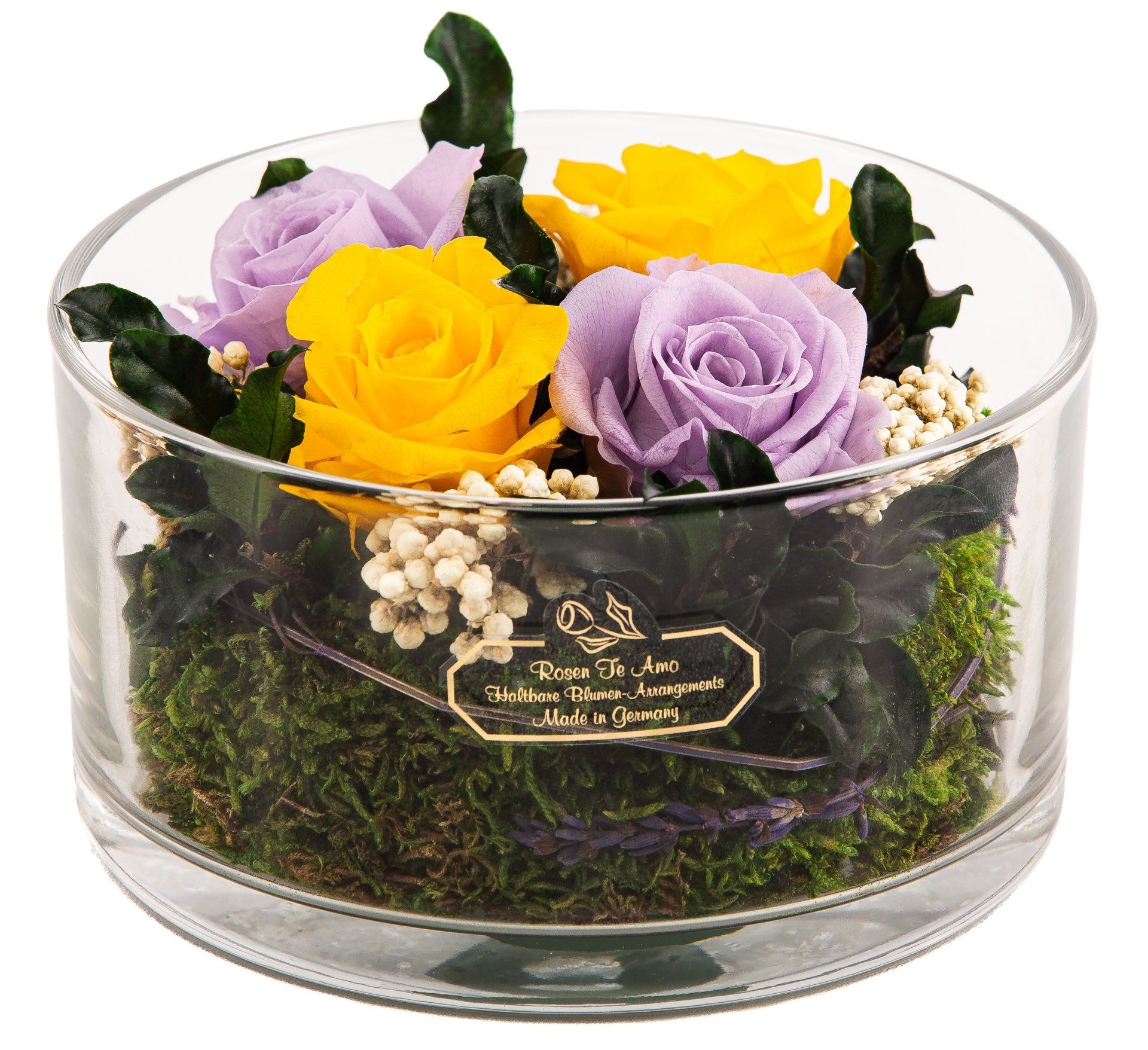 Rosen-te-amo GSF-OSTYW-001 Orchidea-Geschenk- Blumen-Strauß in der Vase Durchmesser 10 cm echte-infinity-Rosen | pink-Rosen-im-Roundvase | pflanze-Mooß | echte-Blumengestecke