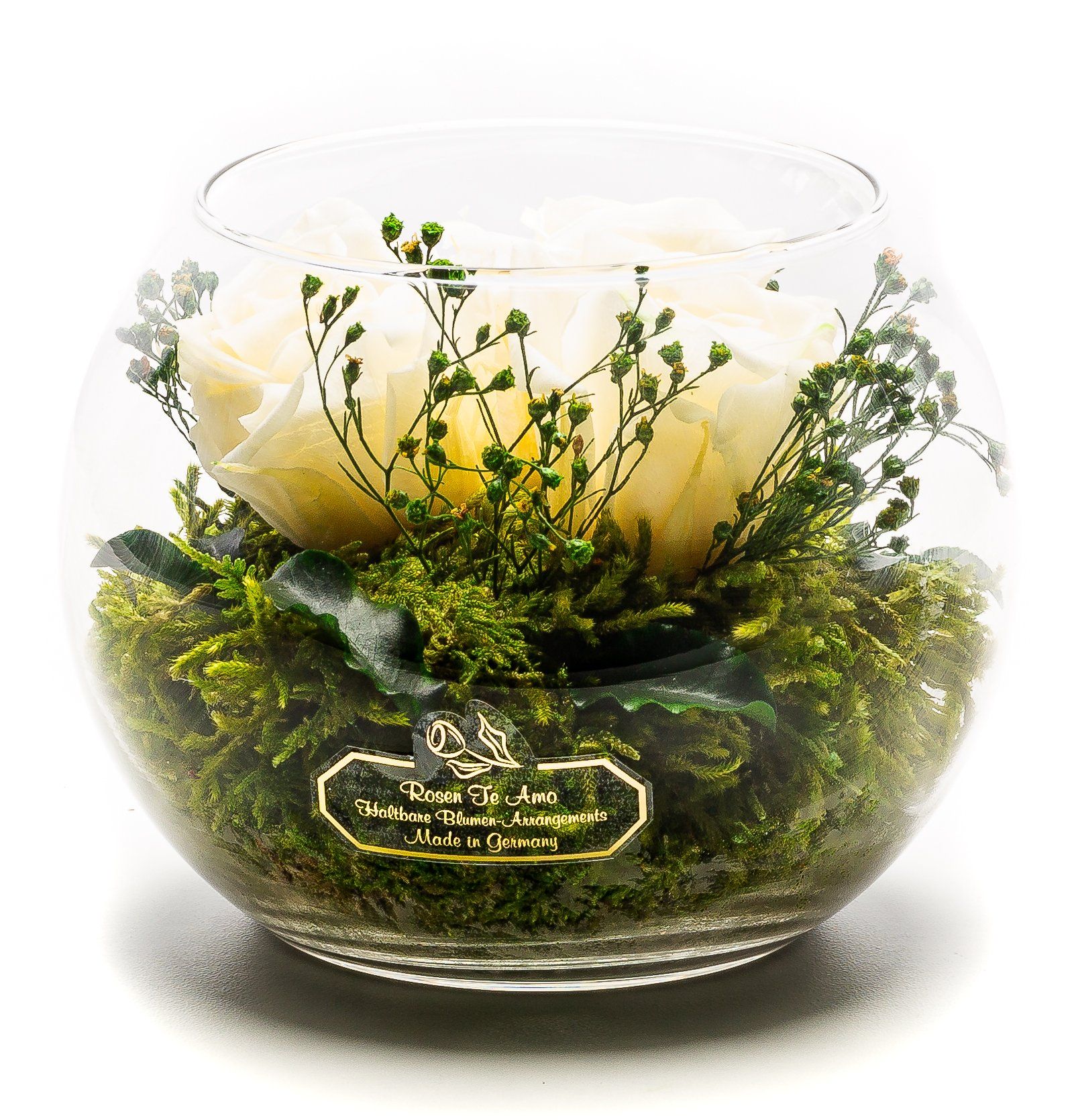 echte-weiße-Rosen-im-Glas pflanze-Mooß- echte-Blumengestecke