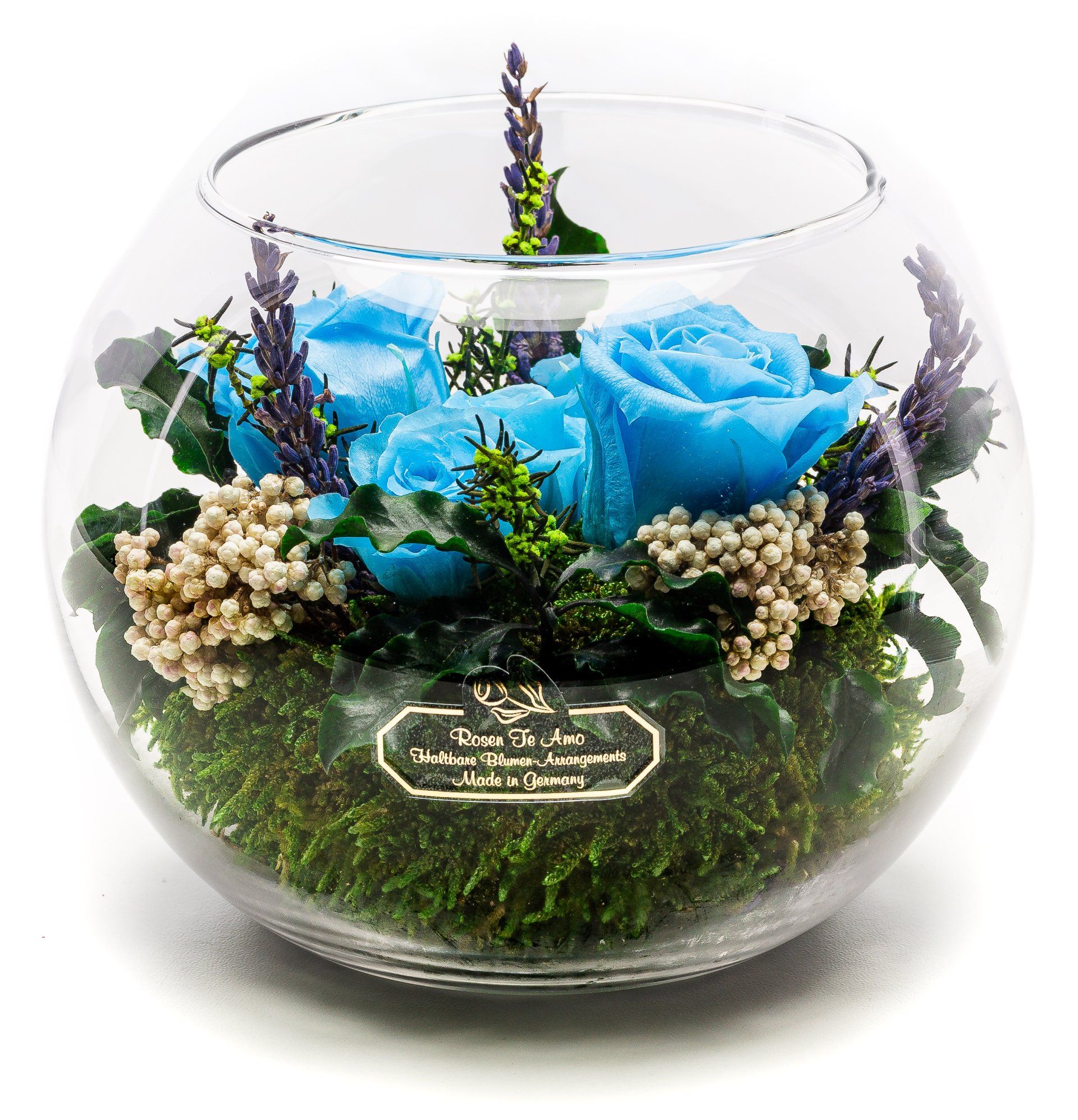 echte Blau-Rosen-im-Glas pflanze-Mooß- echte-Blumengestecke