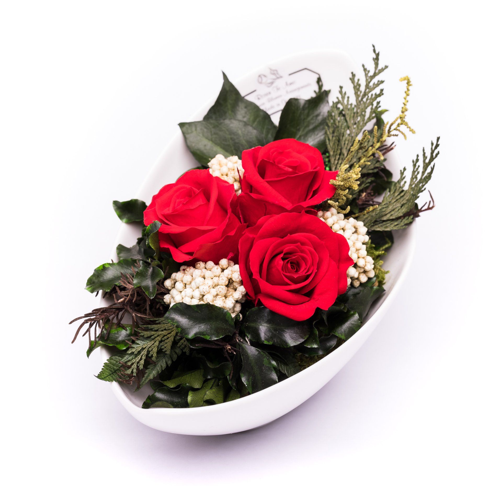 Rote-Rosengestecke konservierte-Blumengeschenk-im-Keramik Vase