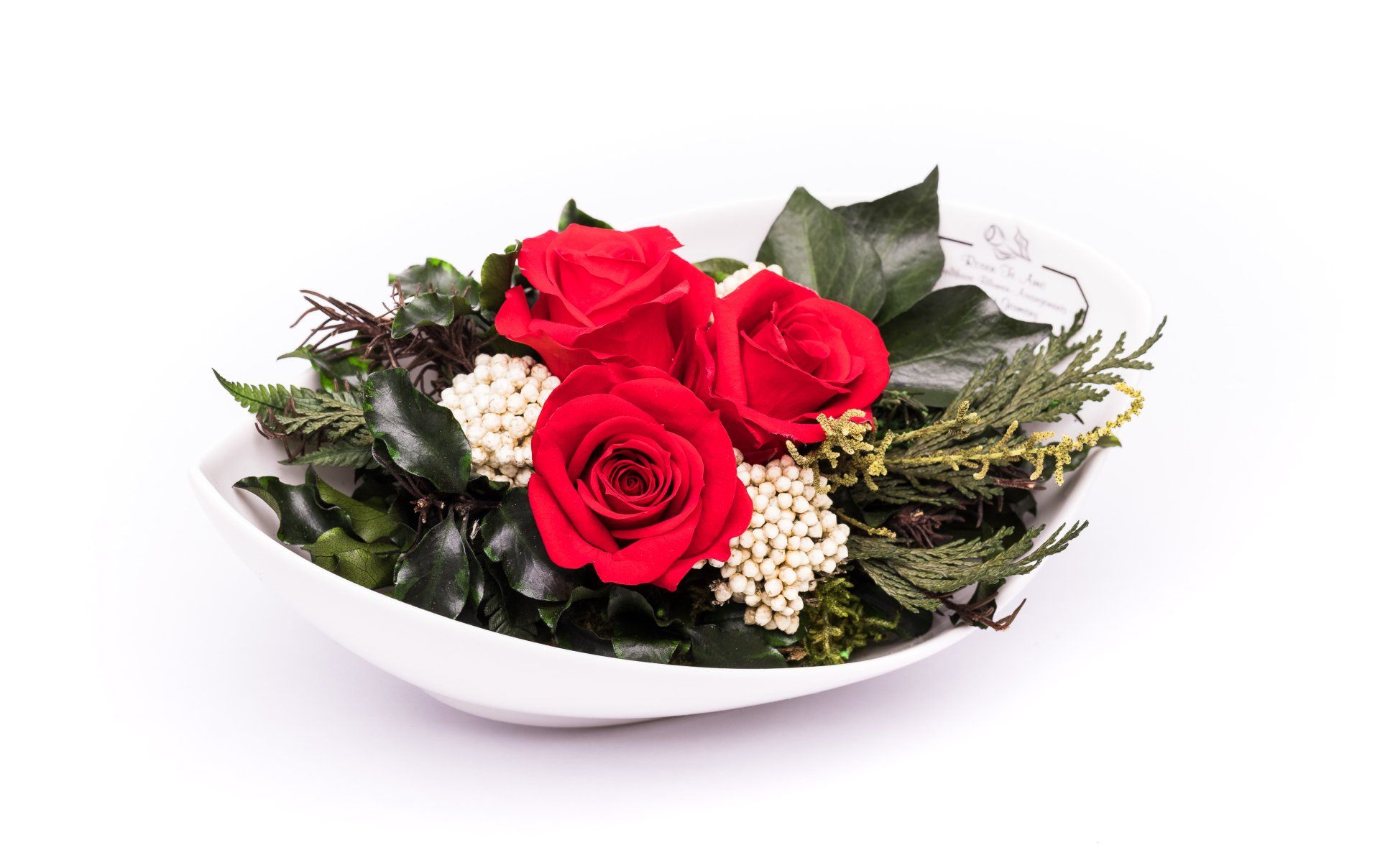 3 haltbare Rosen in Lounge procelain Bowl CTF-RMIRE-S02 Rote-Rosengestecke konservierte-Blumengeschenk-im-Keramik Vase
