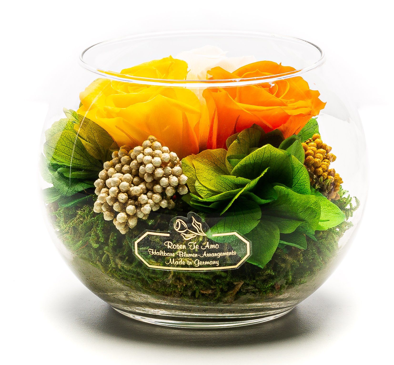 echte-bunte-Rosen-im-Glas pflanze-Mooß- echte-Blumengestecke