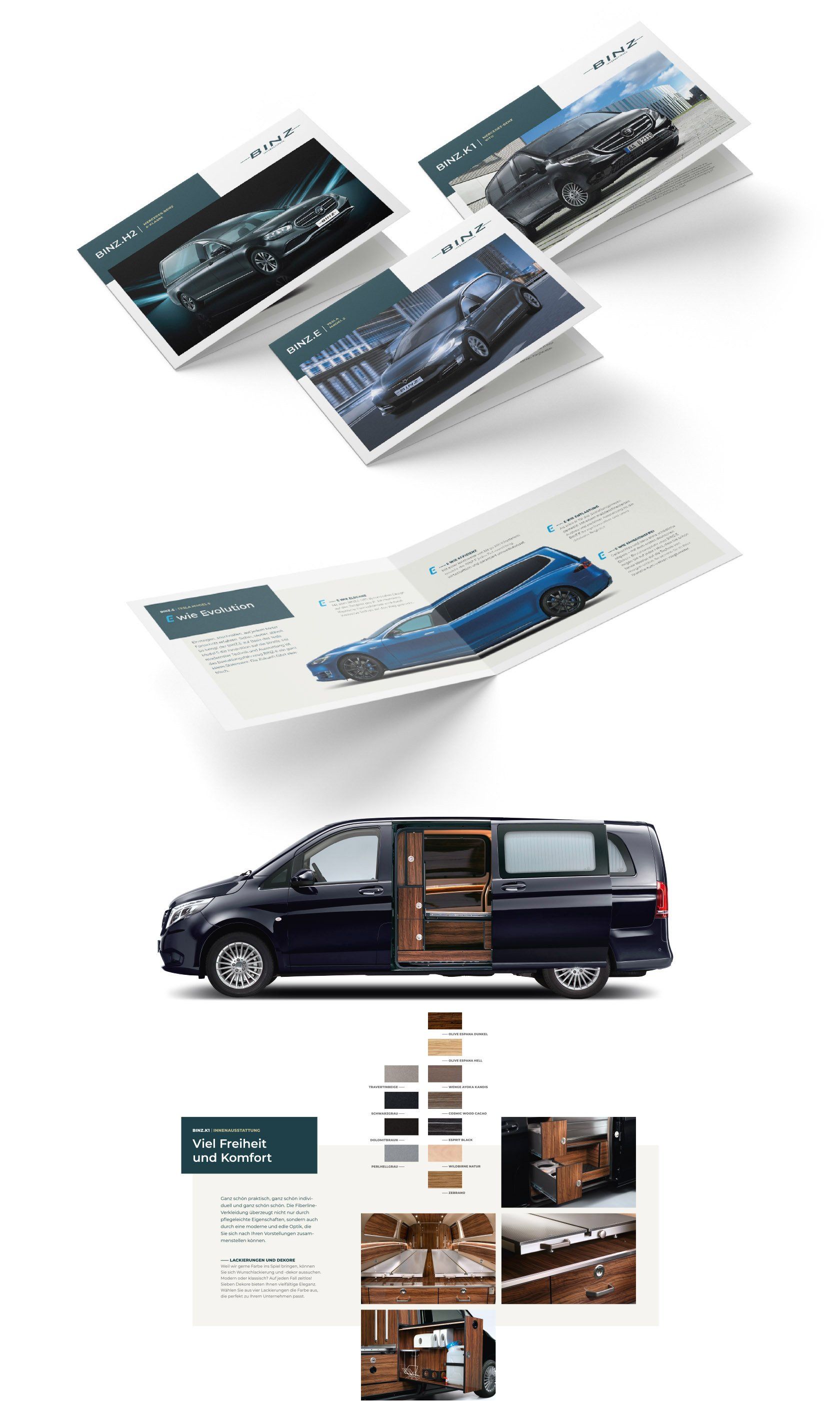 V8 Werbeagentur Nürnberg, BINZ, Flyer und Produktbroschüre Mercedes Benz und Tesla
